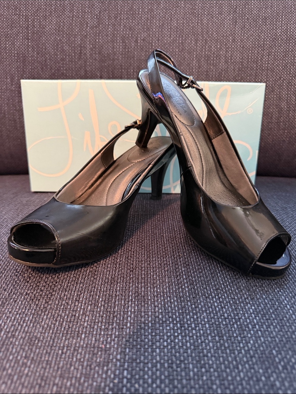 Life Stride Black Patent Peep-Toe Slingback Heels